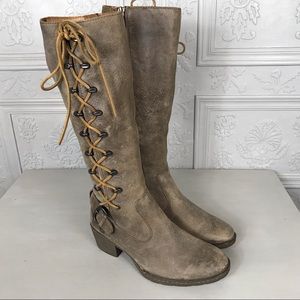 Born Brown Leather Tall Boot Side Zip with Lace Up Detail Medium Heel